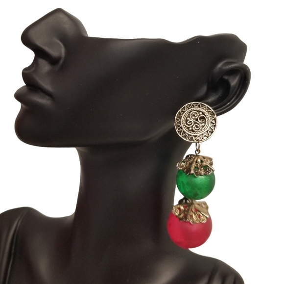 VINTAGE GREEN, RED & PURPLE,  ACRYLIC  HOLLOW BALL DROP STYLE EARRINGS - Picture 1 of 6